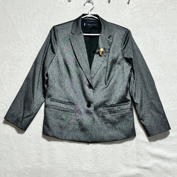 Anne Klein Blazer Coat Gray/Silver 2 Button 2 Pocket w/ Gold Pin Women's Size 14 - Picture 1 of 13